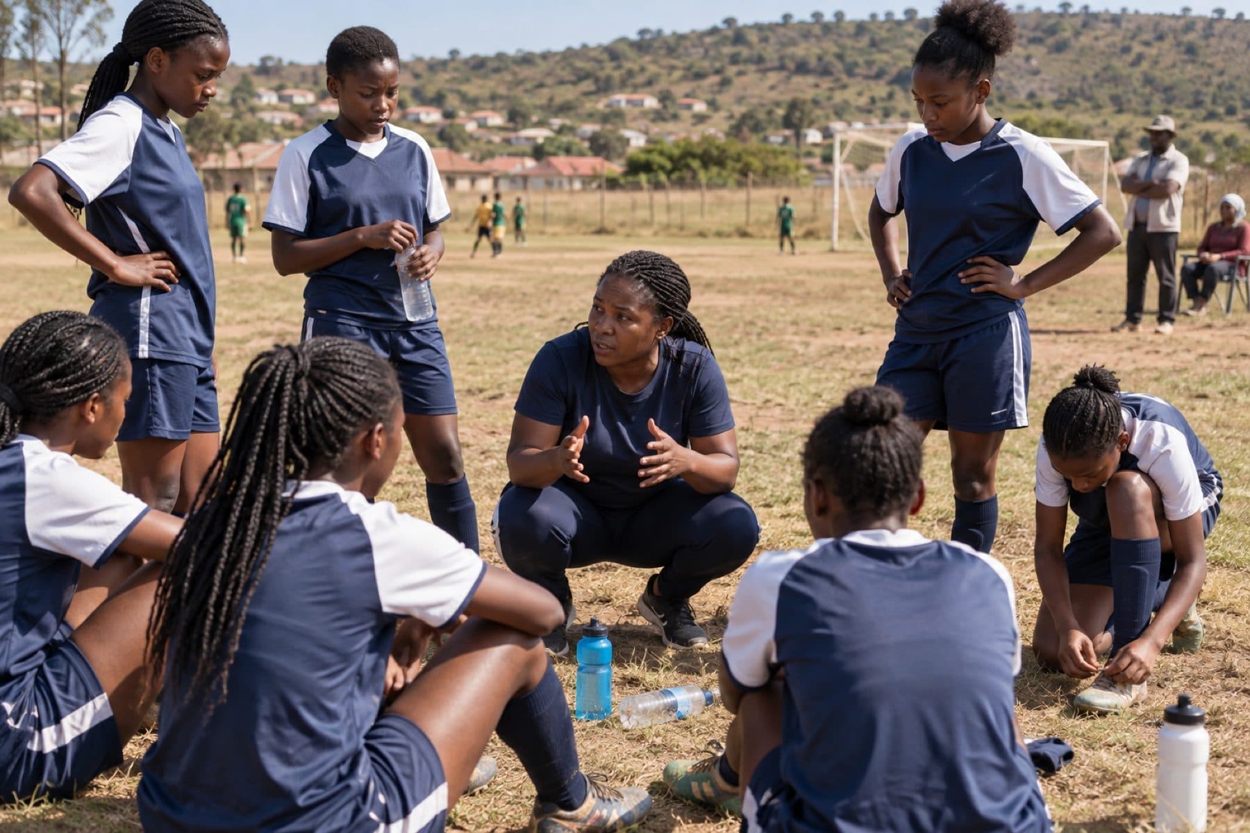 A woman coach crouched at eye level with her under-15 girls' team at half-time