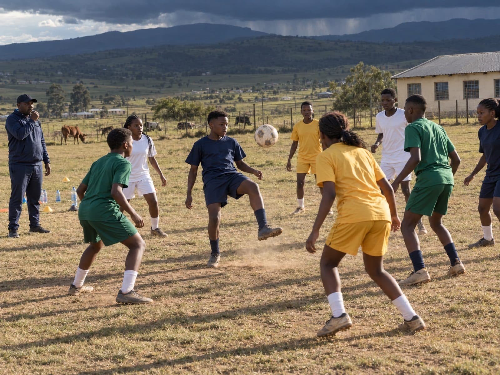 Boys and girls training together on a school field, a storm building over the hills beyond